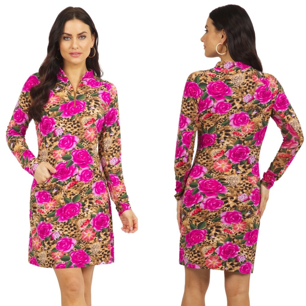 IBKUL Long Sleeve Dress Jovanna Animal Print Mobwife Performance Stretch COOLING